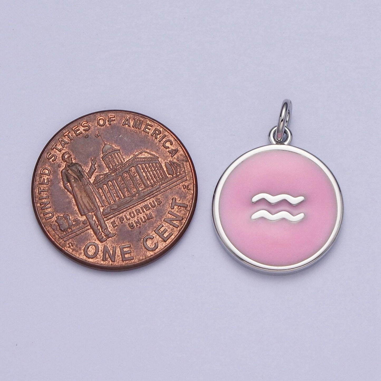 White gold filled dainty round baby pink enamel circle zodiac charms, astrological zodiac signs, birthday, horoscope pendants | a1463-a1468