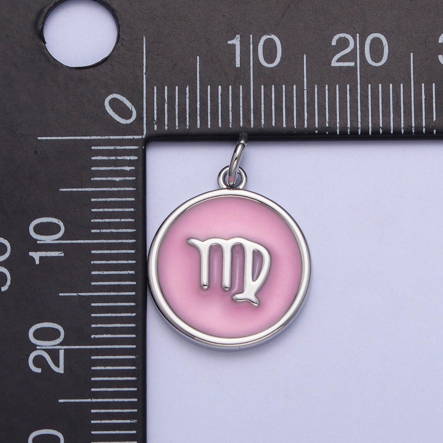 White gold filled dainty round baby pink enamel circle zodiac charms, astrological zodiac signs, birthday, horoscope pendants | a1463-a1468