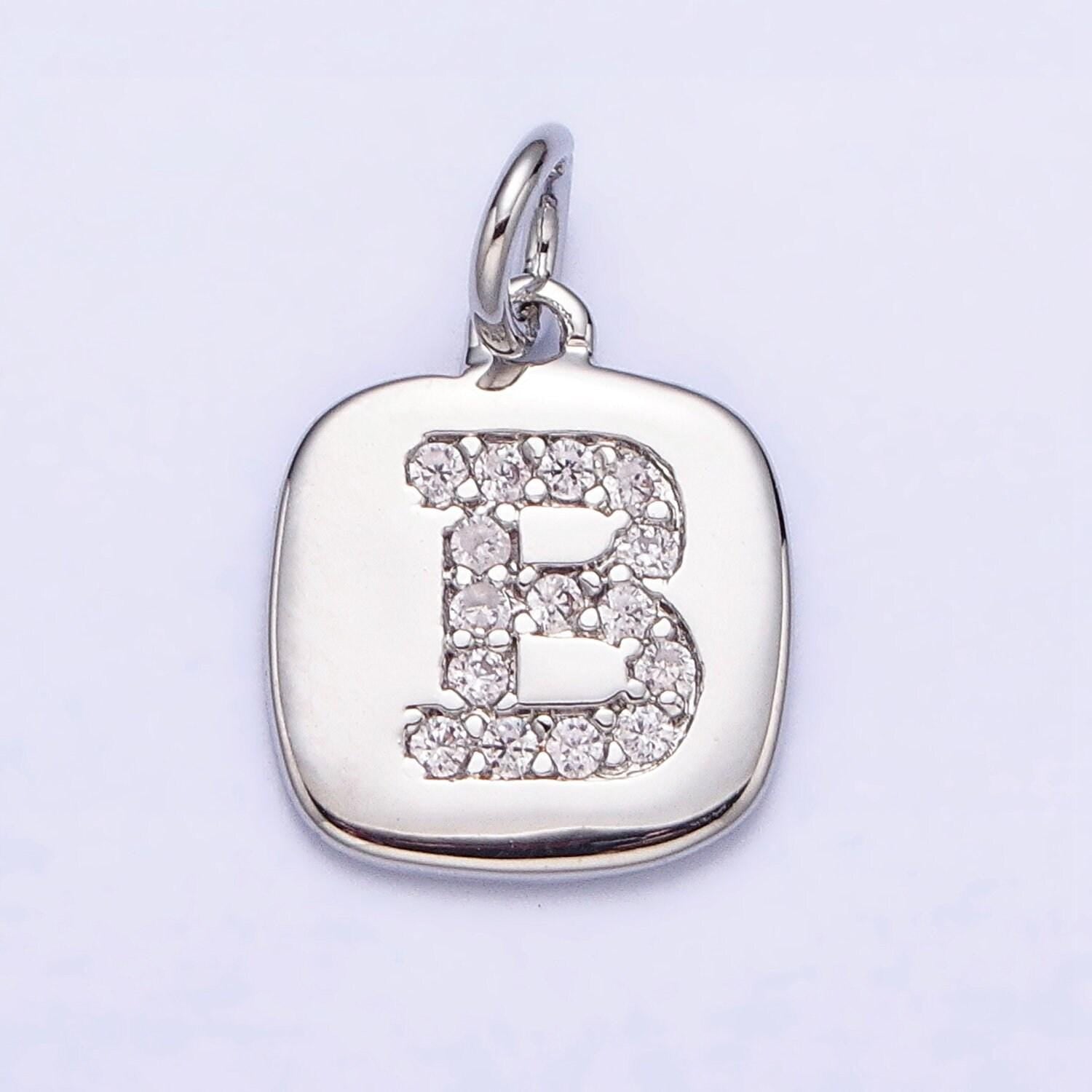 Silver tag square cz clear micro paved initial alphabet dainty personalized name tag charm necklace bracelet component | a266-a278