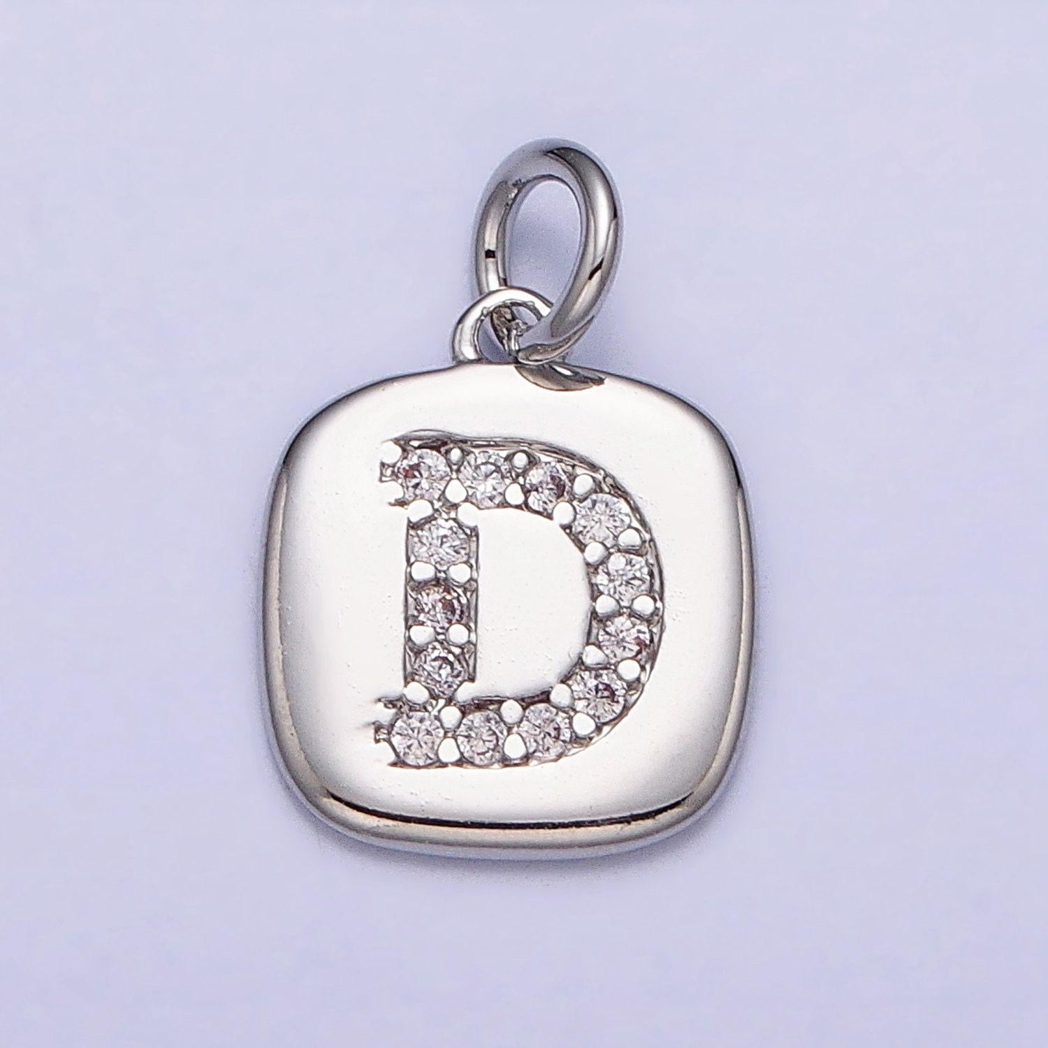 Silver tag square cz clear micro paved initial alphabet dainty personalized name tag charm necklace bracelet component | a266-a278