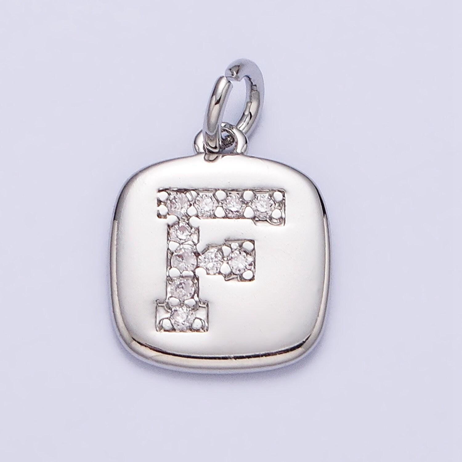 Silver tag square cz clear micro paved initial alphabet dainty personalized name tag charm necklace bracelet component | a266-a278