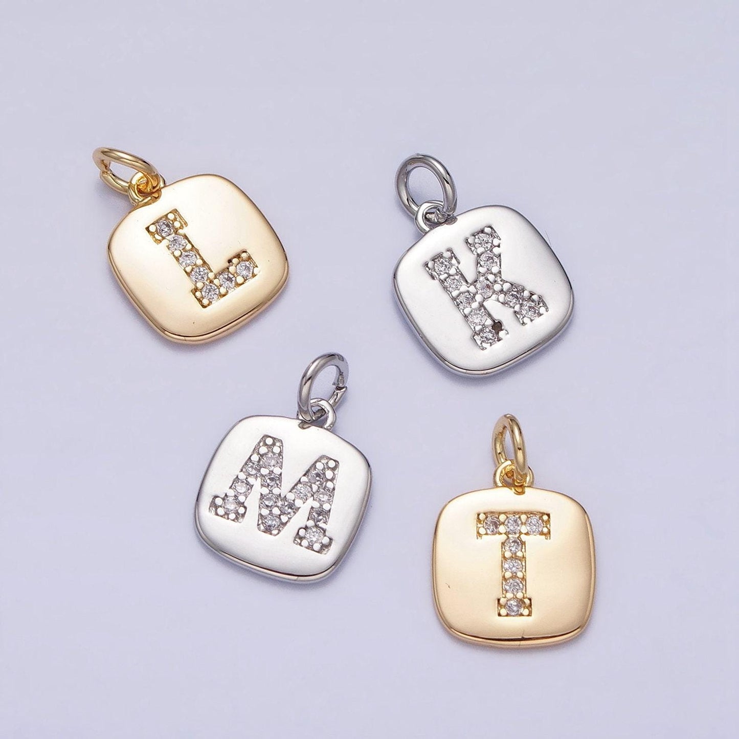 Silver tag square cz clear micro paved initial alphabet dainty personalized name tag charm necklace bracelet component | a266-a278