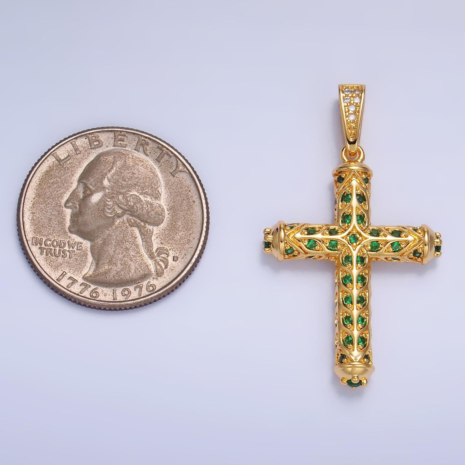 Statement Cross Pendant in 24K Gold Filled Clear, Green CZ Artisan Religious Cross Charm for Religious Jewelry Making | AA1077 AA1078