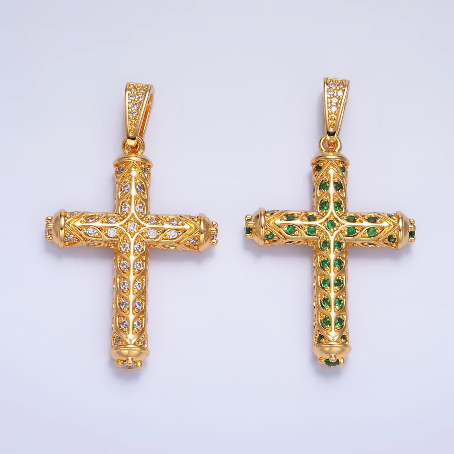Statement Cross Pendant in 24K Gold Filled Clear, Green CZ Artisan Religious Cross Charm for Religious Jewelry Making | AA1077 AA1078