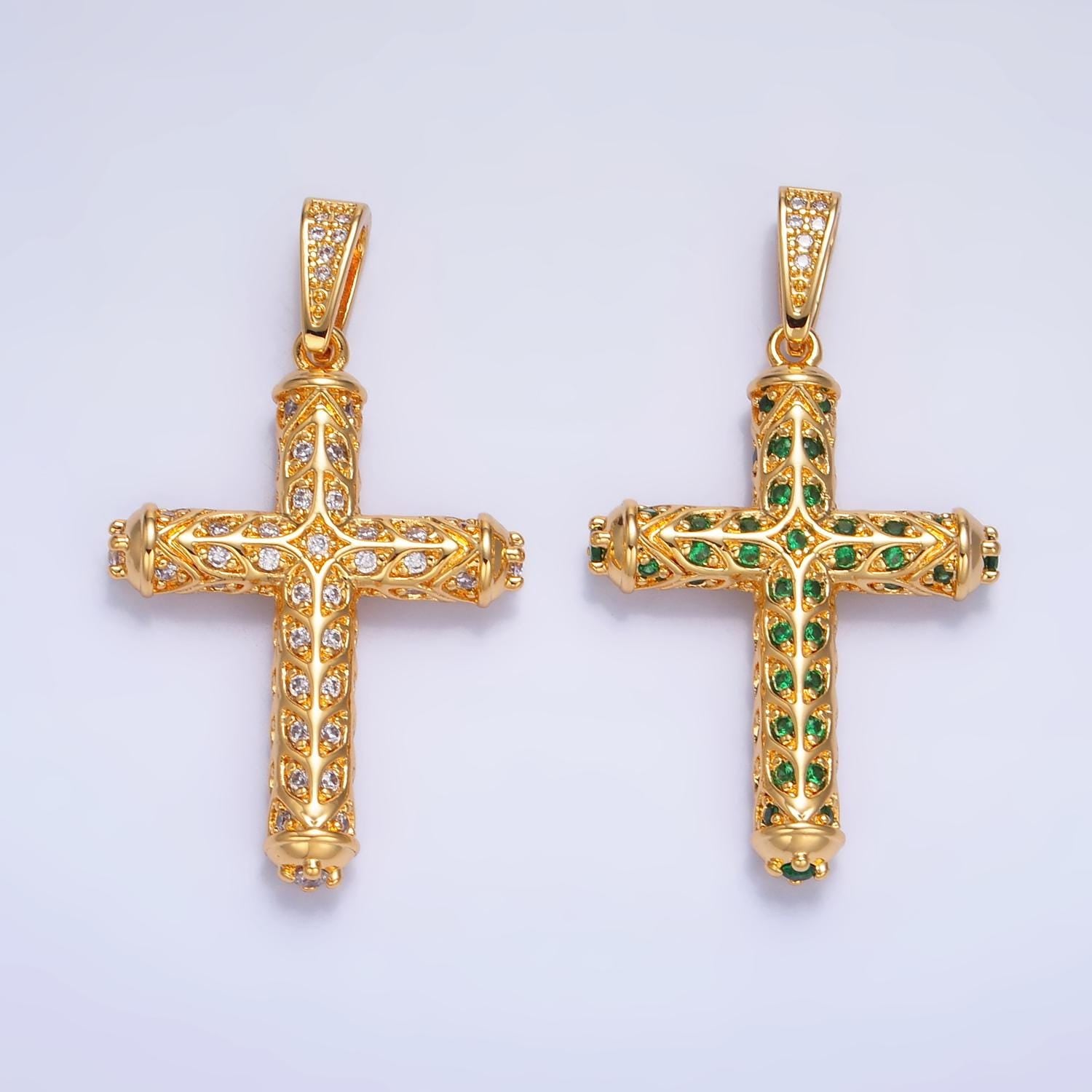 Statement Cross Pendant in 24K Gold Filled Clear, Green CZ Artisan Religious Cross Charm for Religious Jewelry Making | AA1077 AA1078