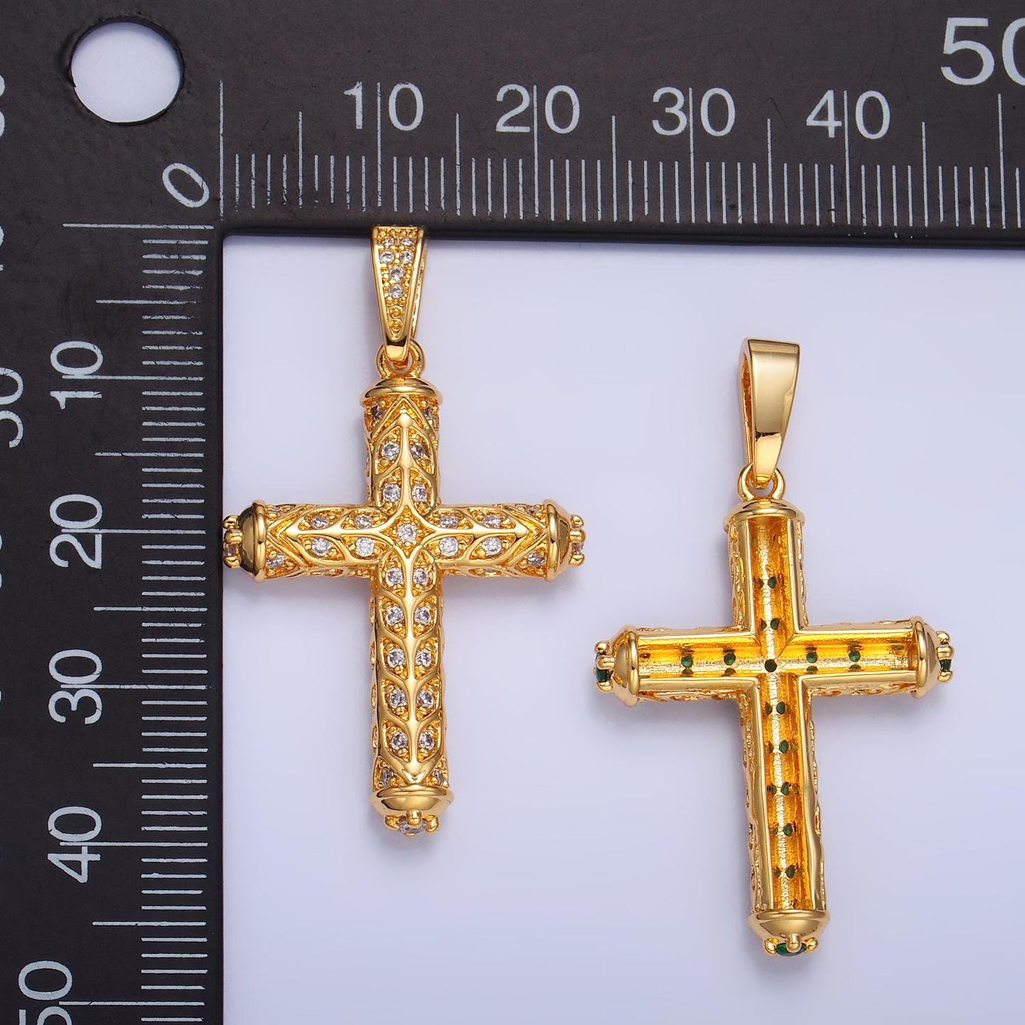 Statement Cross Pendant in 24K Gold Filled Clear, Green CZ Artisan Religious Cross Charm for Religious Jewelry Making | AA1077 AA1078