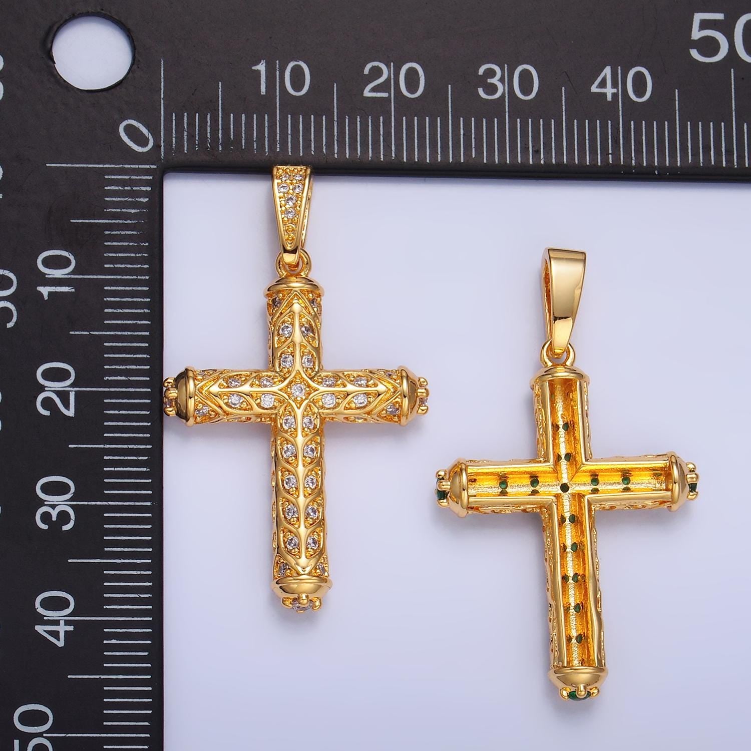 Statement Cross Pendant in 24K Gold Filled Clear, Green CZ Artisan Religious Cross Charm for Religious Jewelry Making | AA1077 AA1078