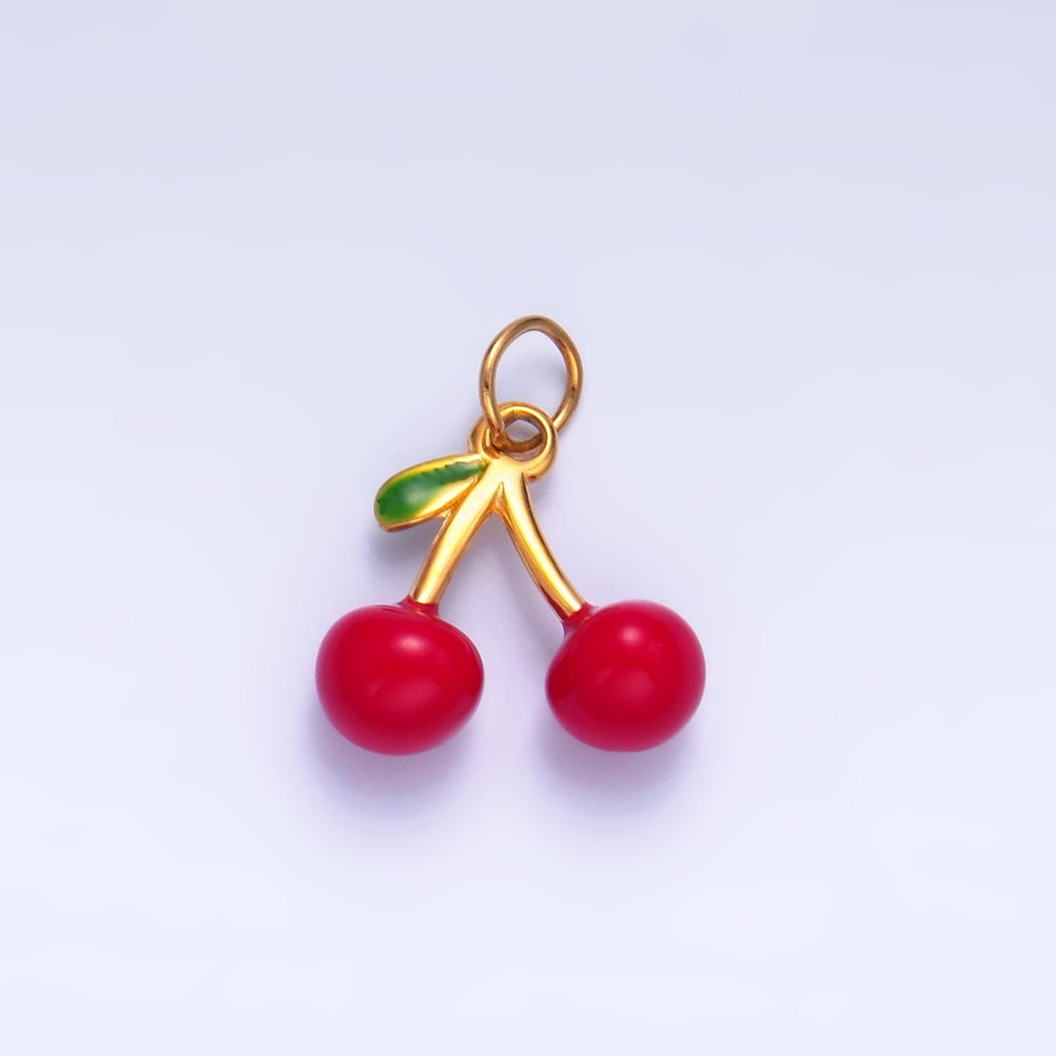 Gold Stainless steel red cherry charm fruit foodie charm | p-637