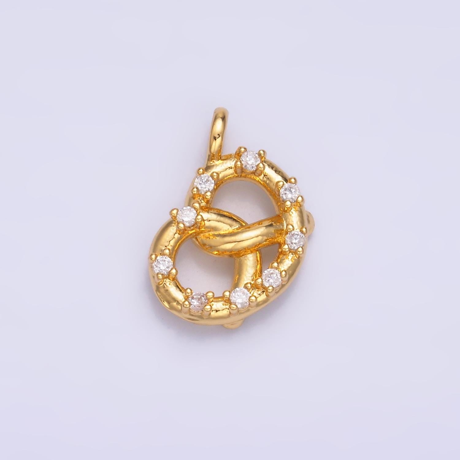 Cubic Minimalist Small 3D Pretzel Charm CZ French Pastry 24K Gold Filled Food Charm in Gold & Silver | W-340