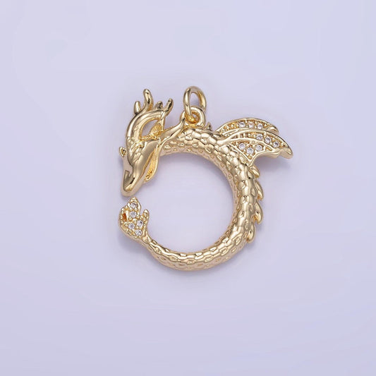 Gold dragon pendant round dragon fly charm- mythical animal pendant - gold dragon fly pendant w587