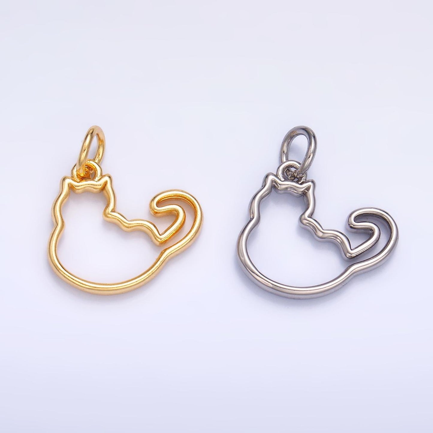 24K Gold Filled Cute Fat Cat Pet Silhouette Outline Charm in Gold & Silver | W338