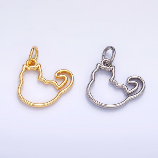 24K Gold Filled Cute Fat Cat Pet Silhouette Outline Charm in Gold & Silver | W338