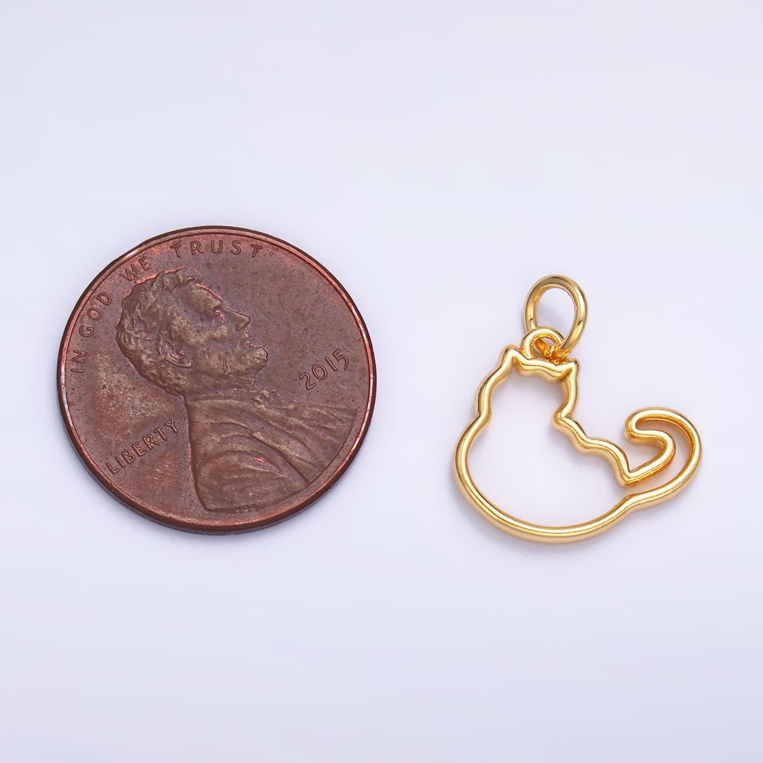 24K Gold Filled Cute Fat Cat Pet Silhouette Outline Charm in Gold & Silver | W338