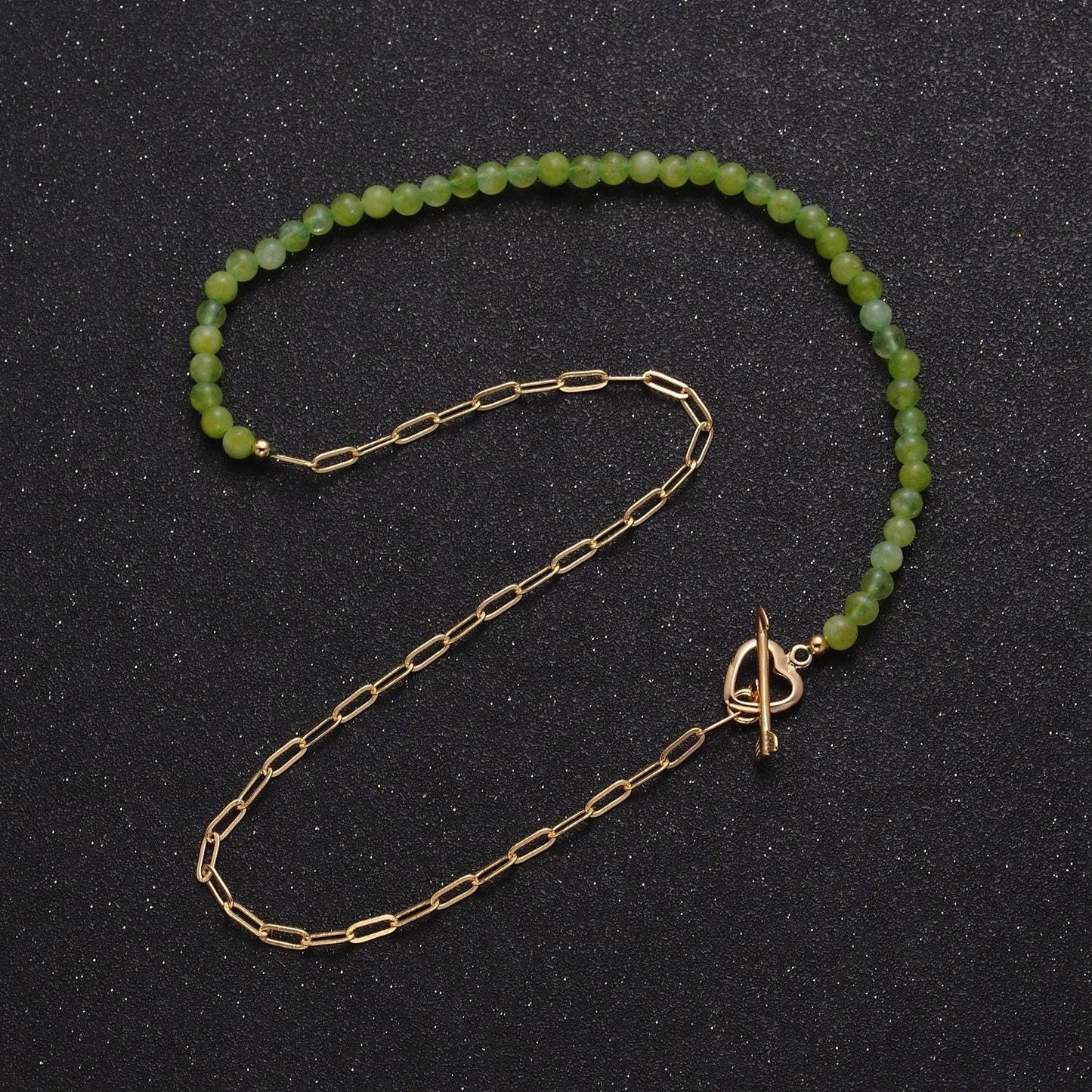 Dainty half bead half link chain necklace, 24k gold filled paperclip chain with green jade necklace heart toggle clasp wa-959