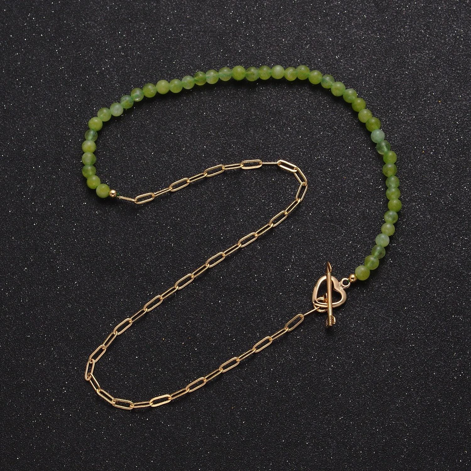 Dainty half bead half link chain necklace, 24k gold filled paperclip chain with green jade necklace heart toggle clasp wa-959