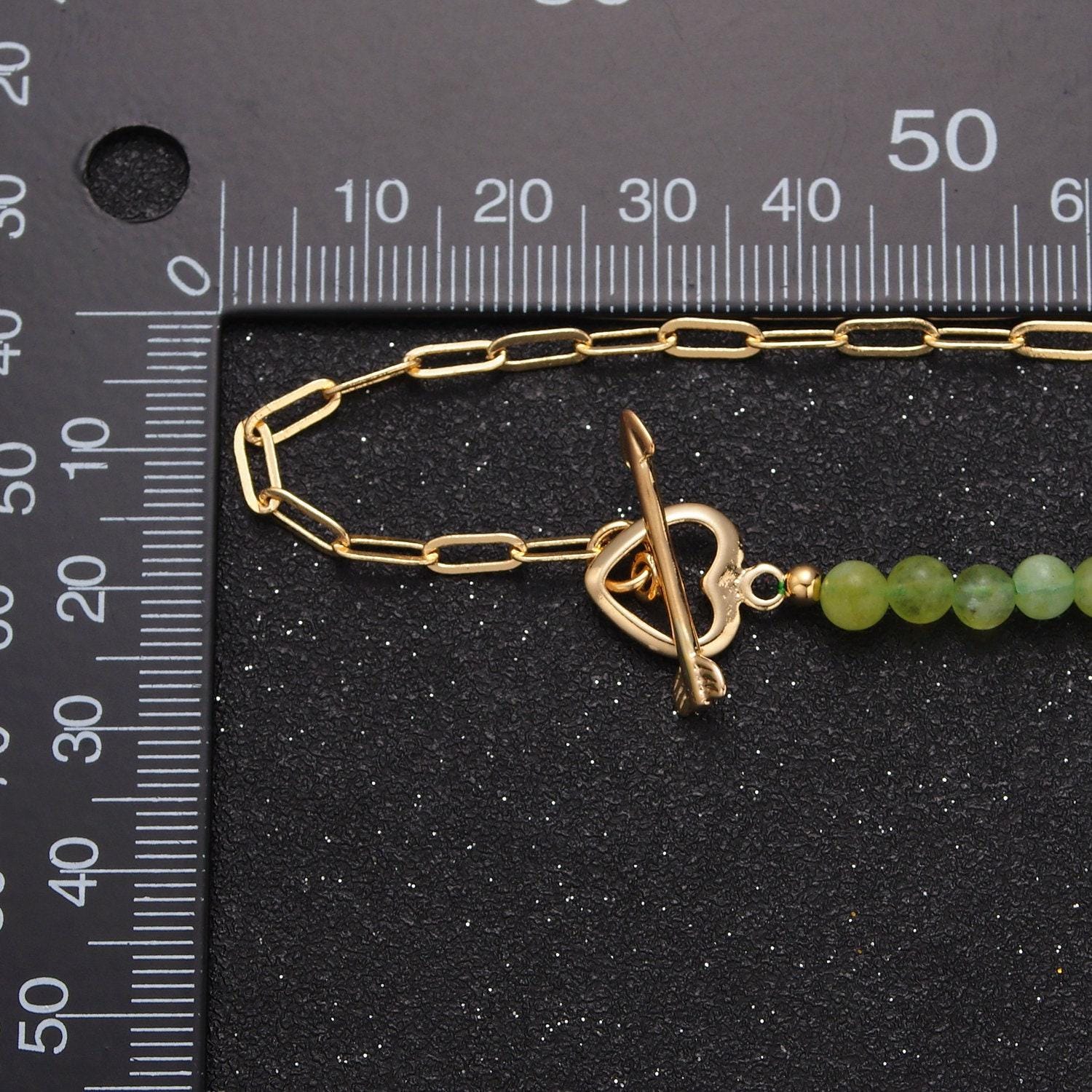 Dainty half bead half link chain necklace, 24k gold filled paperclip chain with green jade necklace heart toggle clasp wa-959