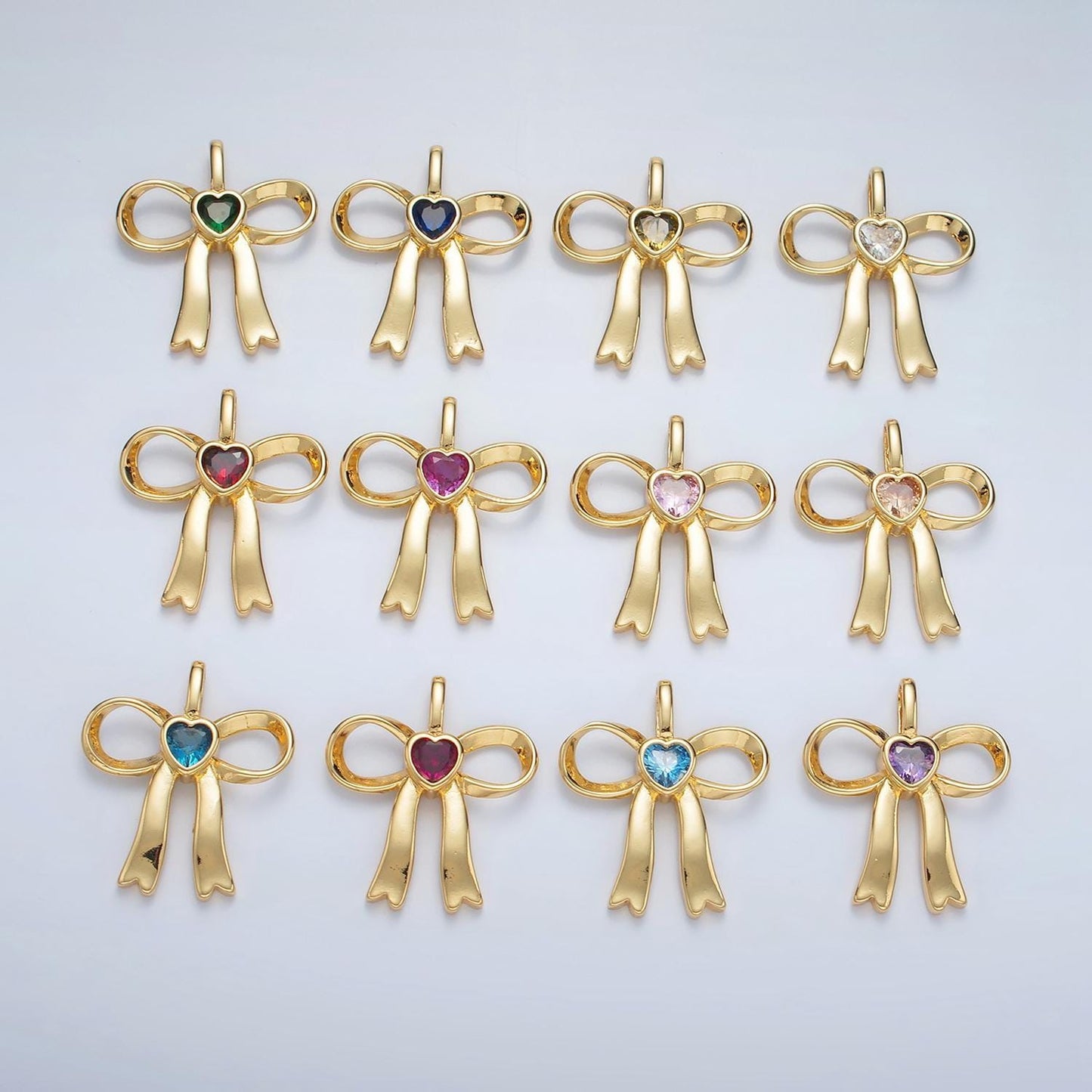 24k gold filled mini bow cz clear stone pendant, add on ribbon charm mini crystal cz birthstones for necklace bracelet supply | aa1413