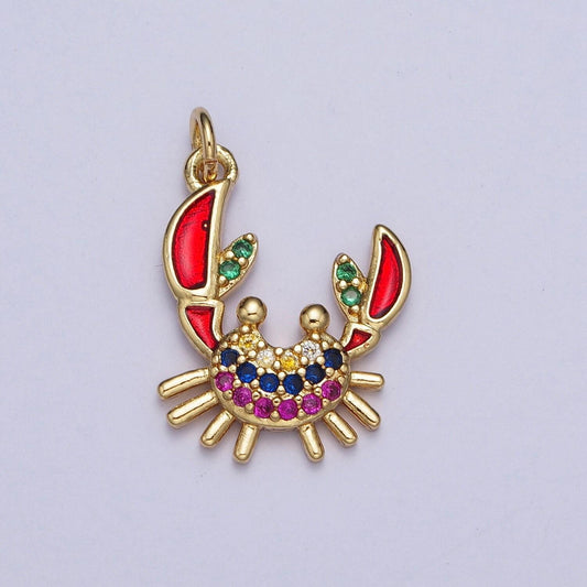 Dainty gold crab pendant, colorful micro pave cubic zirconia cz sea life animals charm, red crab sea pendant | ag118