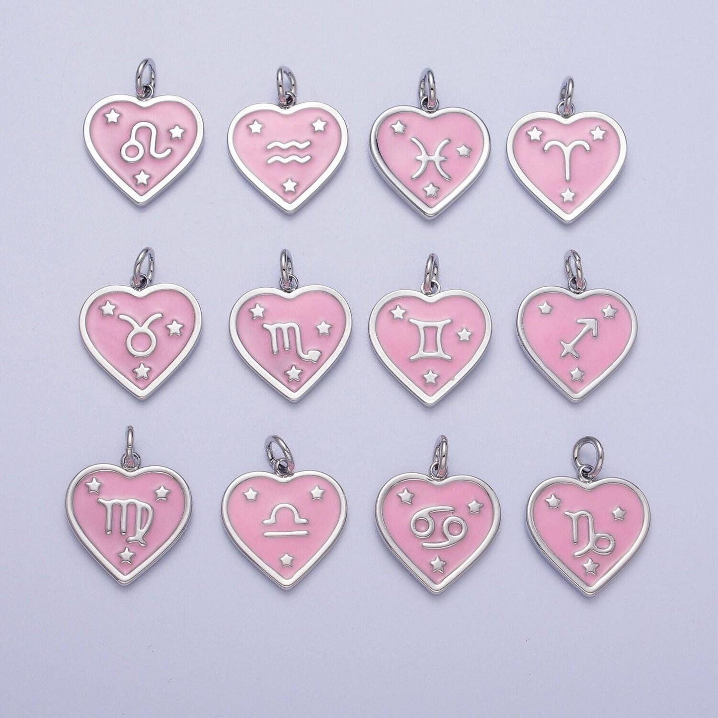 Baby pink enamel stars heart-shaped zodiac charms, astrological zodiac signs, birthday, horoscope pendants | a1737--1742