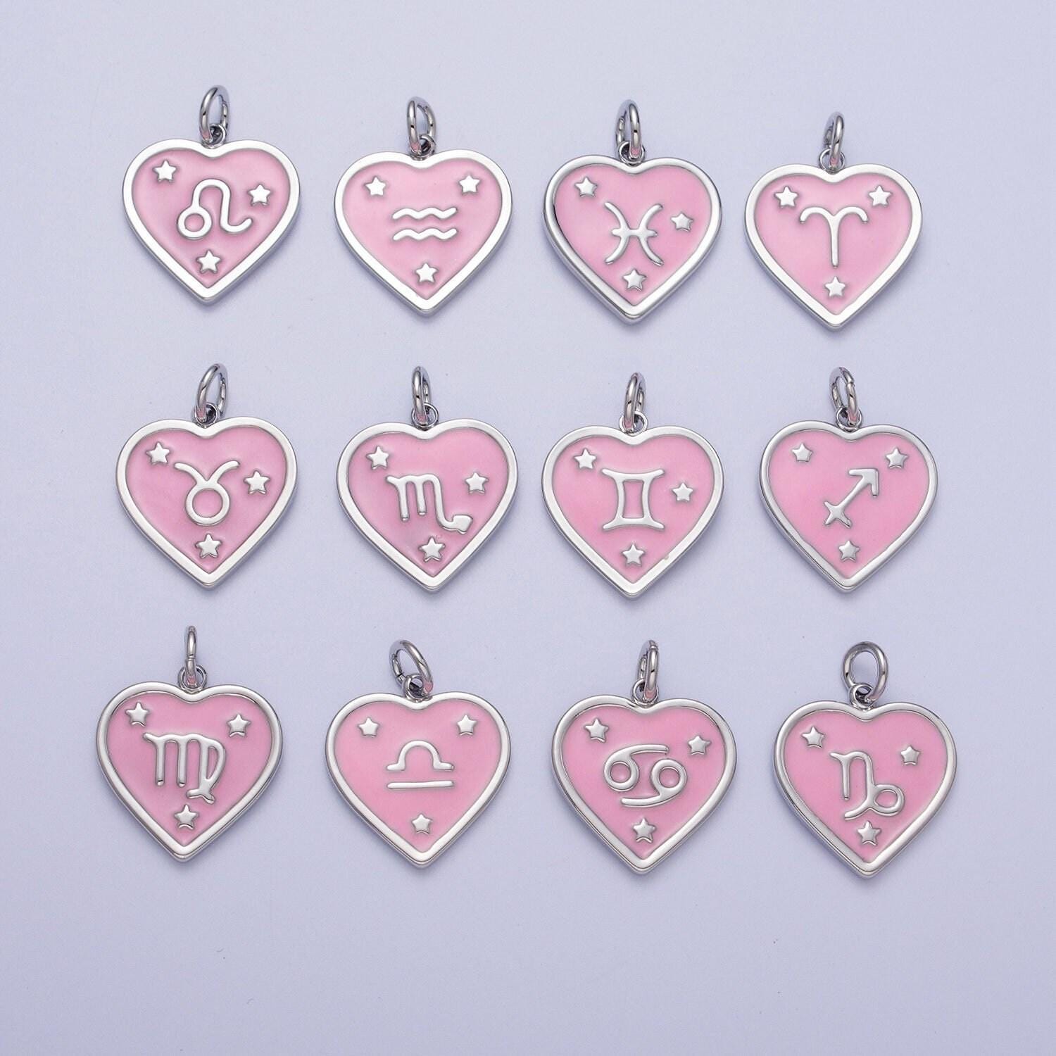 Baby pink enamel stars heart-shaped zodiac charms, astrological zodiac signs, birthday, horoscope pendants | a1737--1742