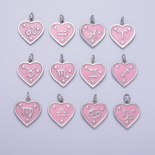 Baby pink enamel stars heart-shaped zodiac charms, astrological zodiac signs, birthday, horoscope pendants | a1737--1742