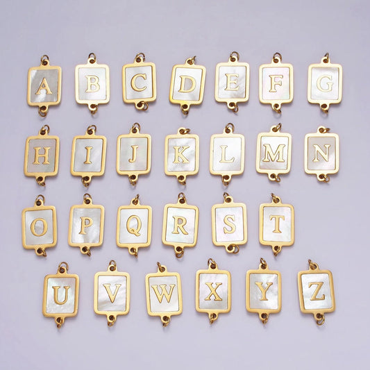 Gold initial name tag alphabet charm connector shell pearl letter pendant personalized jewelry link connector stainless steel
