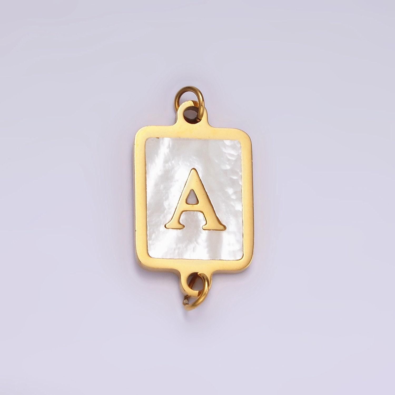 Gold initial name tag alphabet charm connector shell pearl letter pendant personalized jewelry link connector stainless steel