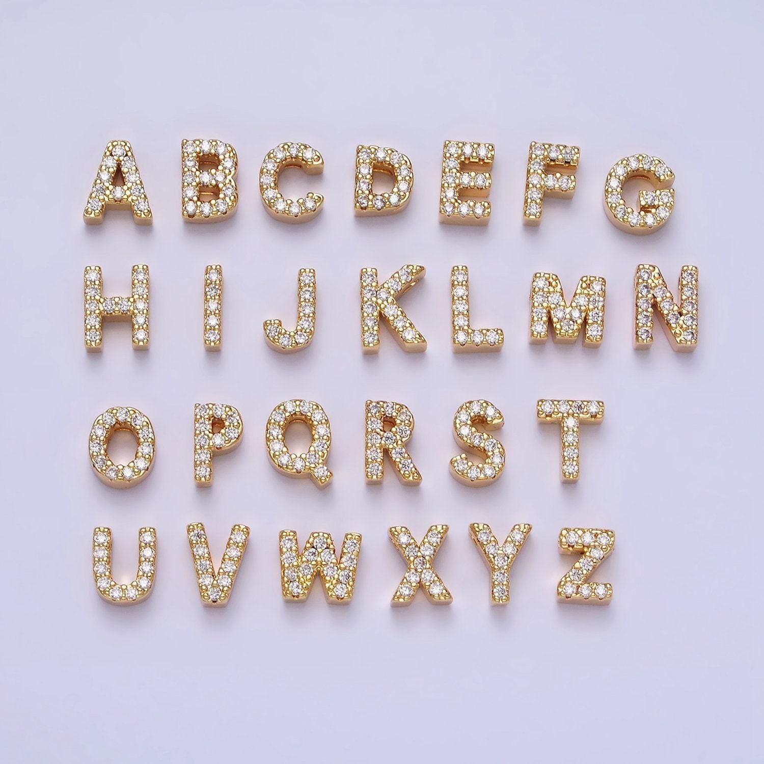 Cubic zirconia 16k gold filled letter charms cz initial charms, bracelet charms, mini pendant charms for necklace alphabet beads charm ad729