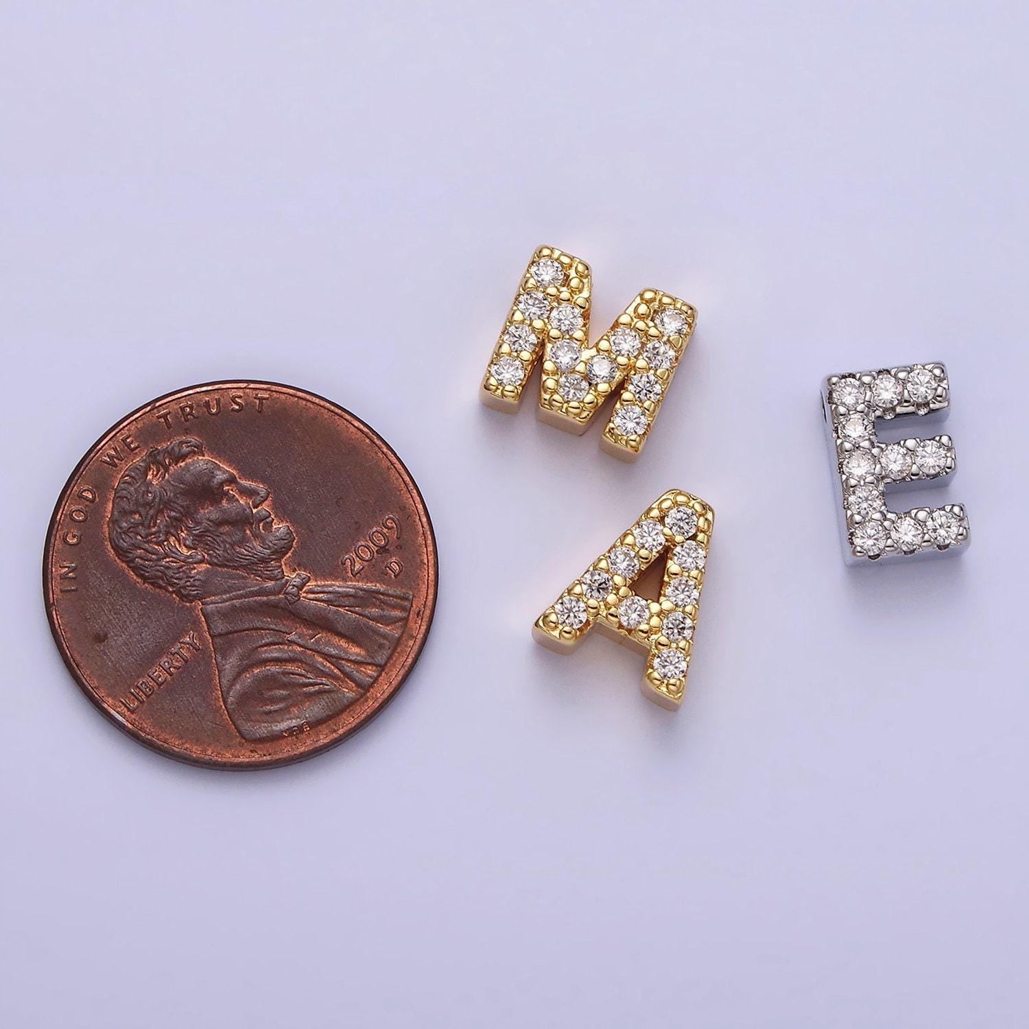 Cubic zirconia 16k gold filled letter charms cz initial charms, bracelet charms, mini pendant charms for necklace alphabet beads charm ad729