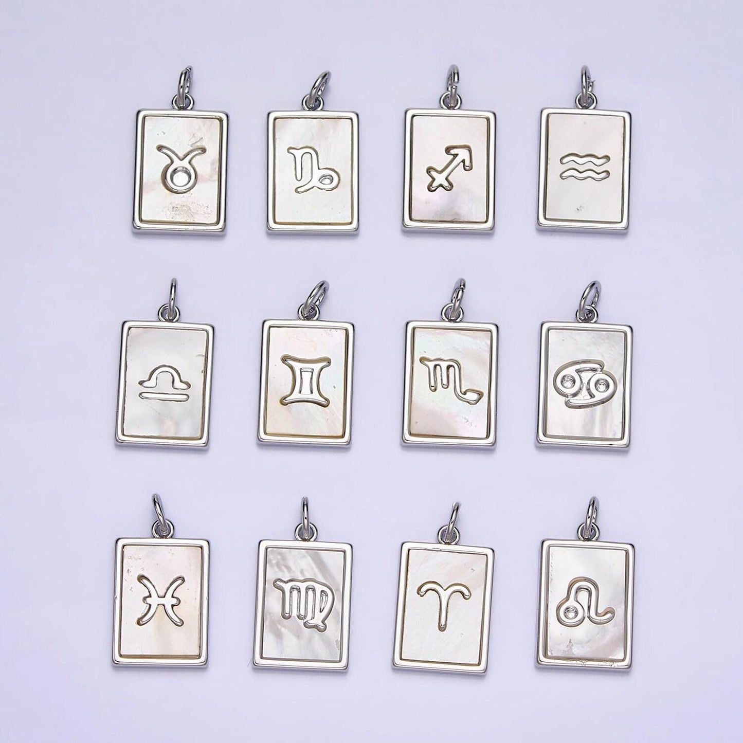 Astrology zodiac symbol charms in silver square tag pearl pendant for personalized jewelry making supply a1259