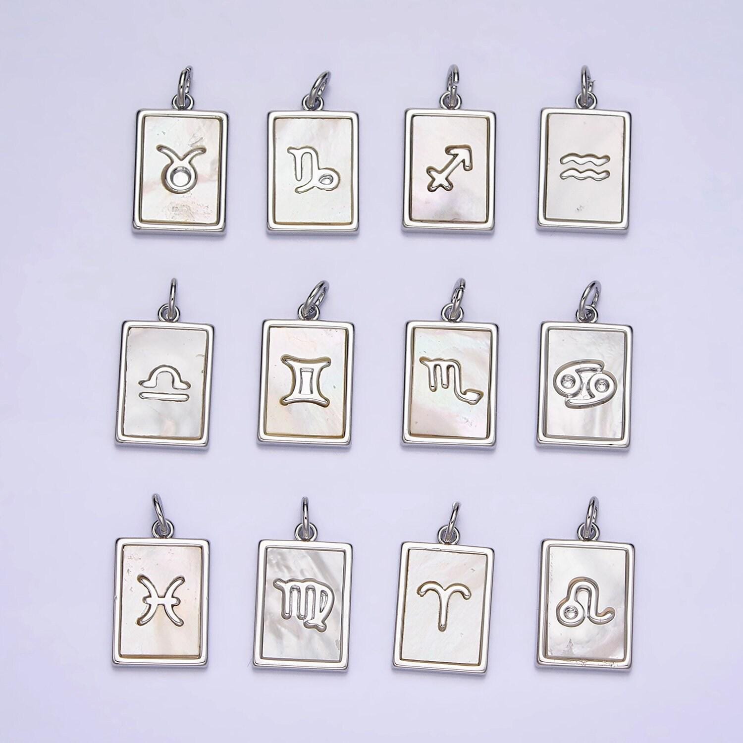 Astrology zodiac symbol charms in silver square tag pearl pendant for personalized jewelry making supply a1259