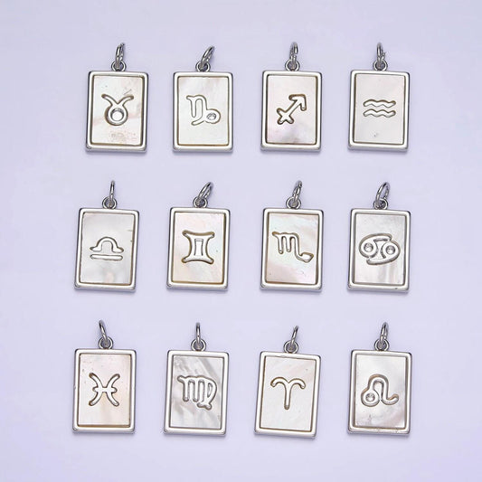 Astrology zodiac symbol charms in silver square tag pearl pendant for personalized jewelry making supply a1259