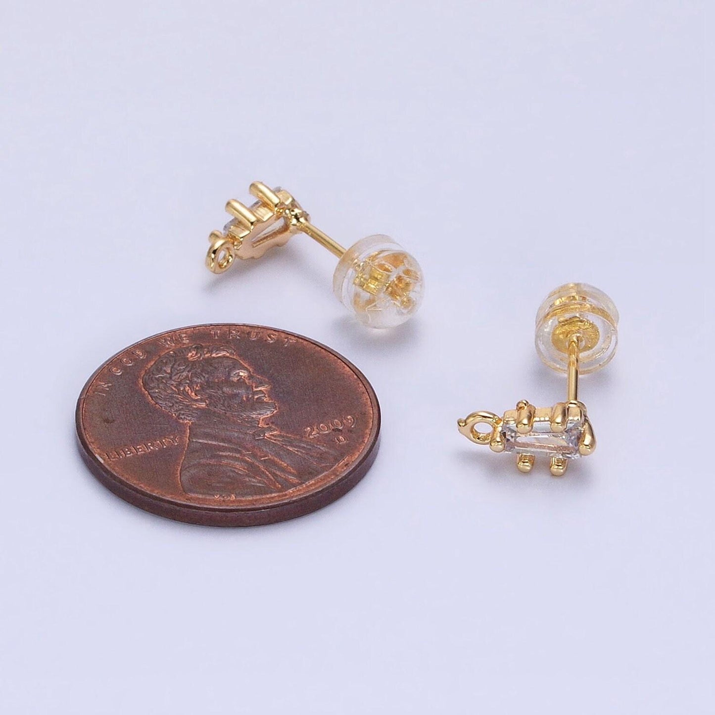 Mini baguette cz earring finding in 16k gold filled studs with open loop link wholesale earring supply z373