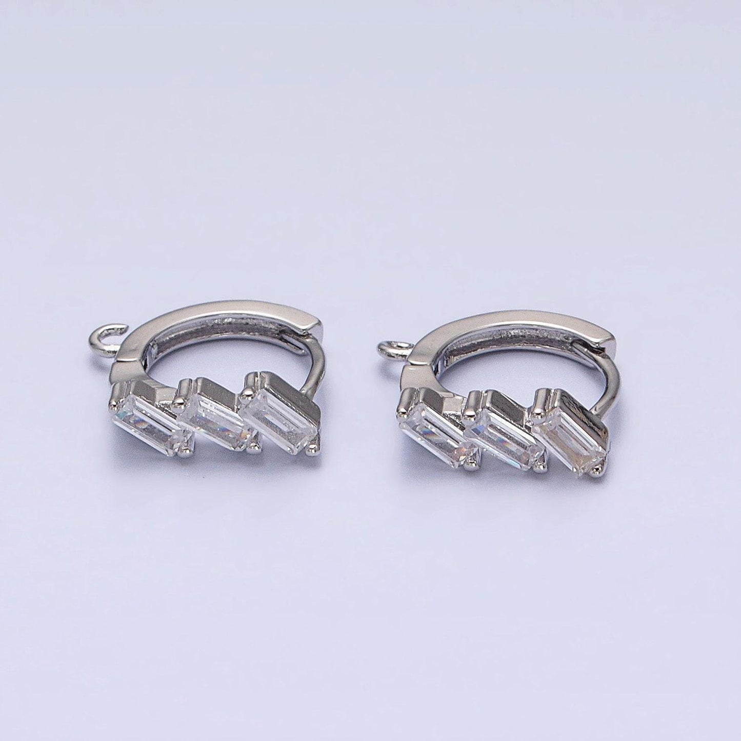Mini silver, gold triple clear baguette cz 12mm huggie open loop earrings supply | z169 z298