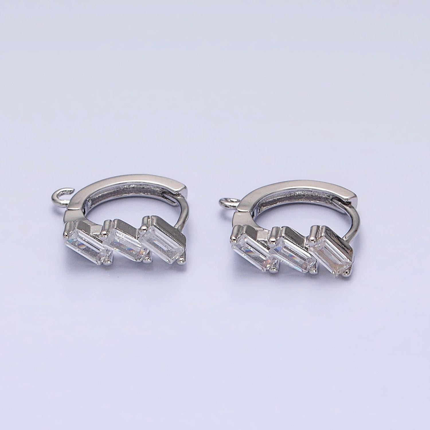 Mini silver, gold triple clear baguette cz 12mm huggie open loop earrings supply | z169 z298