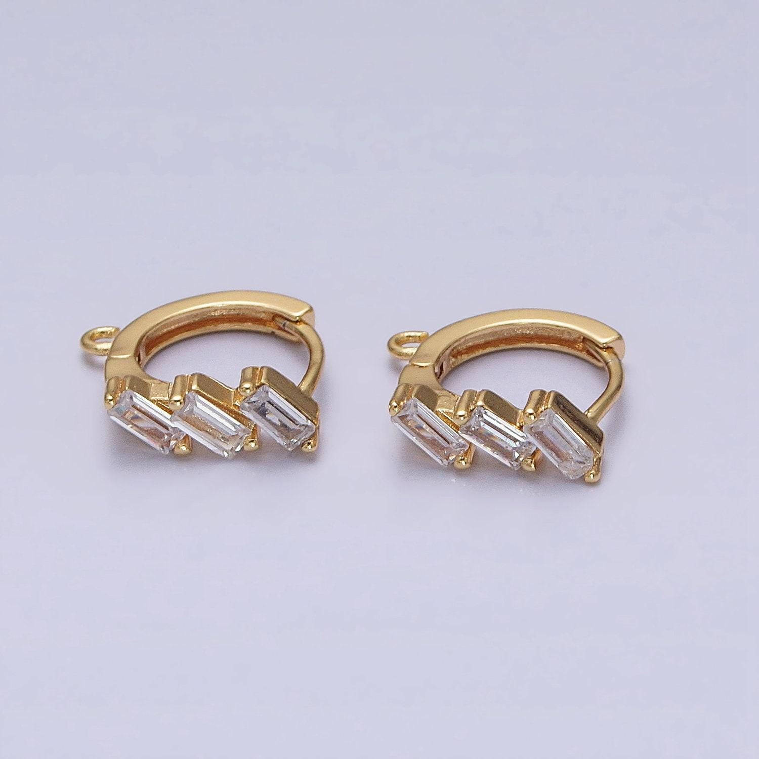 Mini silver, gold triple clear baguette cz 12mm huggie open loop earrings supply | z169 z298