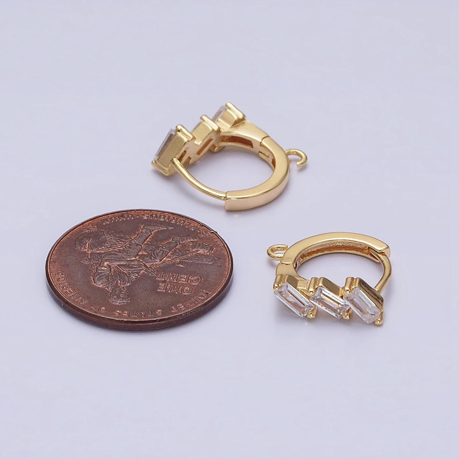 Mini silver, gold triple clear baguette cz 12mm huggie open loop earrings supply | z169 z298
