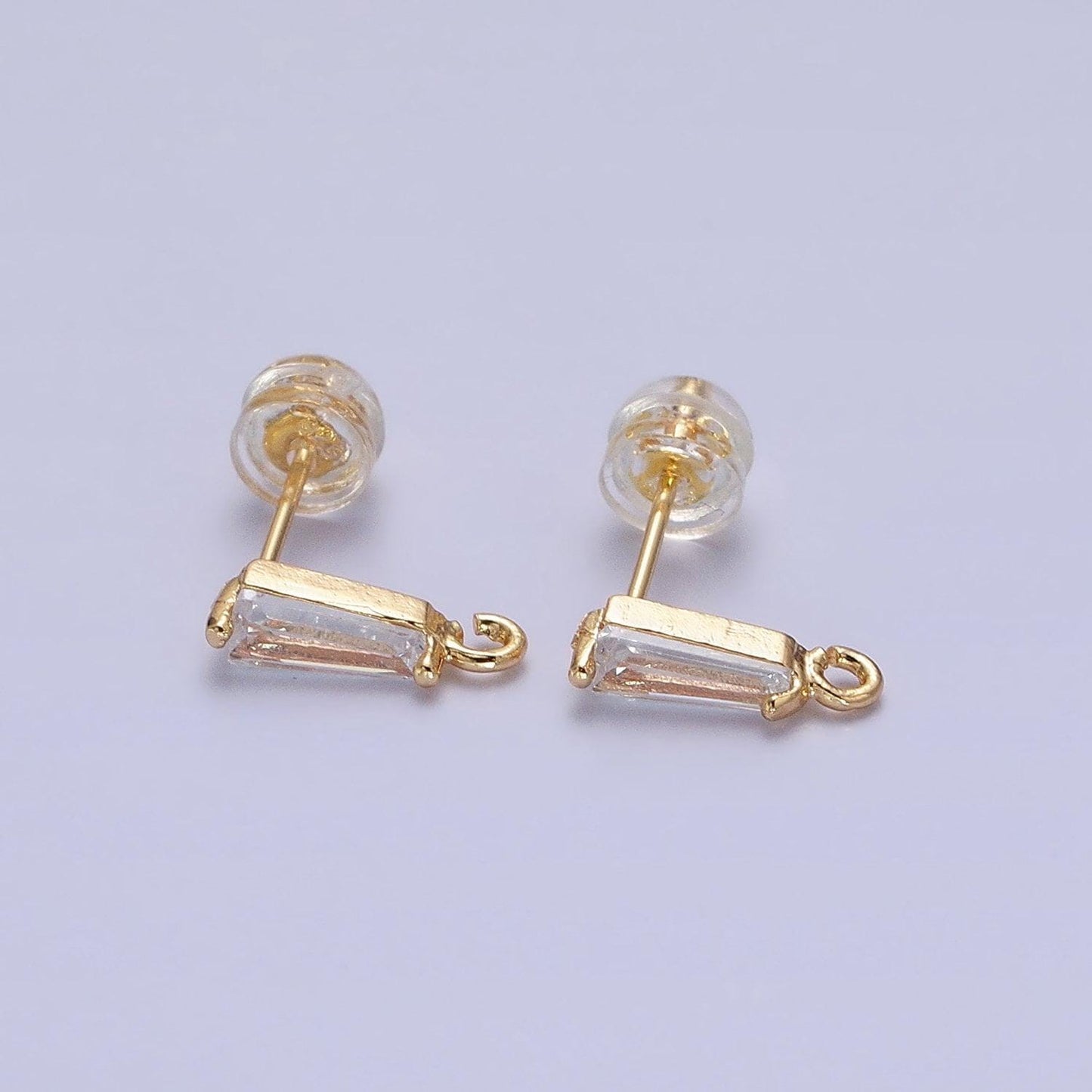 Mini baguette cut cz diamond stud earring gold earring post with open link for earring supply silver post stud earring z184 z185