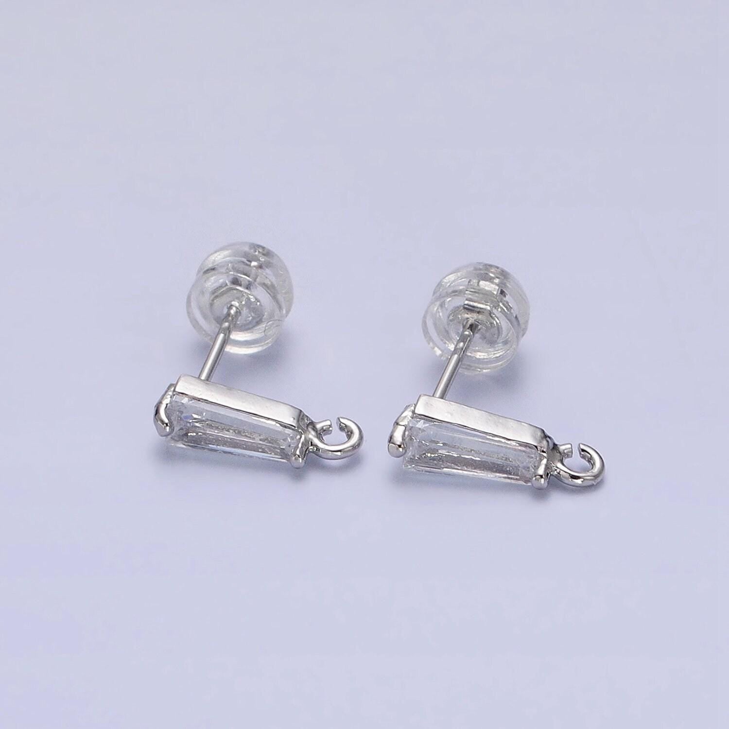 Mini baguette cut cz diamond stud earring gold earring post with open link for earring supply silver post stud earring z184 z185