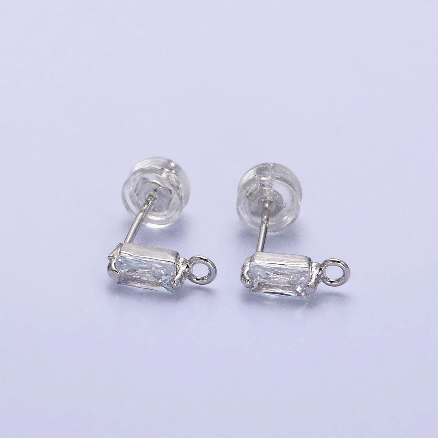 Tiny emerald cut cz cubic earring post w/ open link, nickel free 9x3mm design 16k gold plated brass, cz, earring making post 1 pair z178