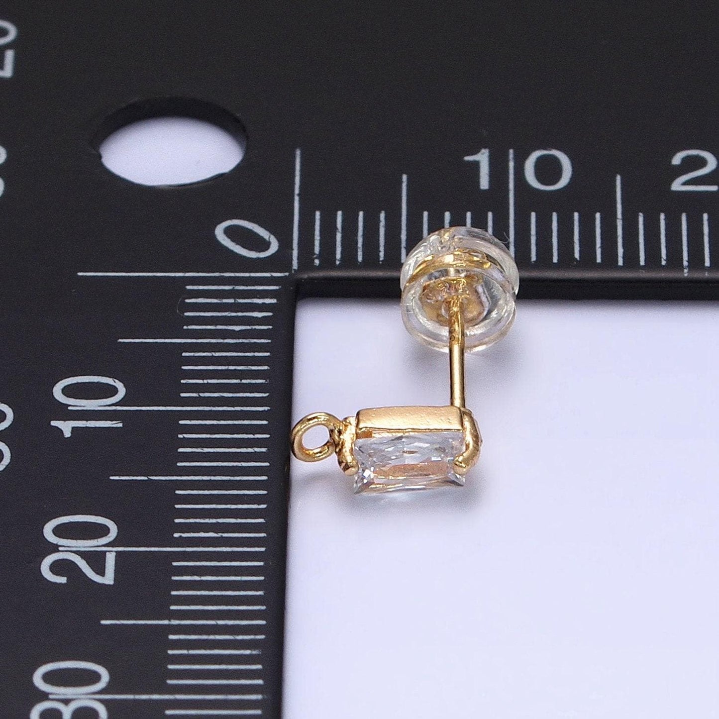 Tiny emerald cut cz cubic earring post w/ open link, nickel free 9x3mm design 16k gold plated brass, cz, earring making post 1 pair z178
