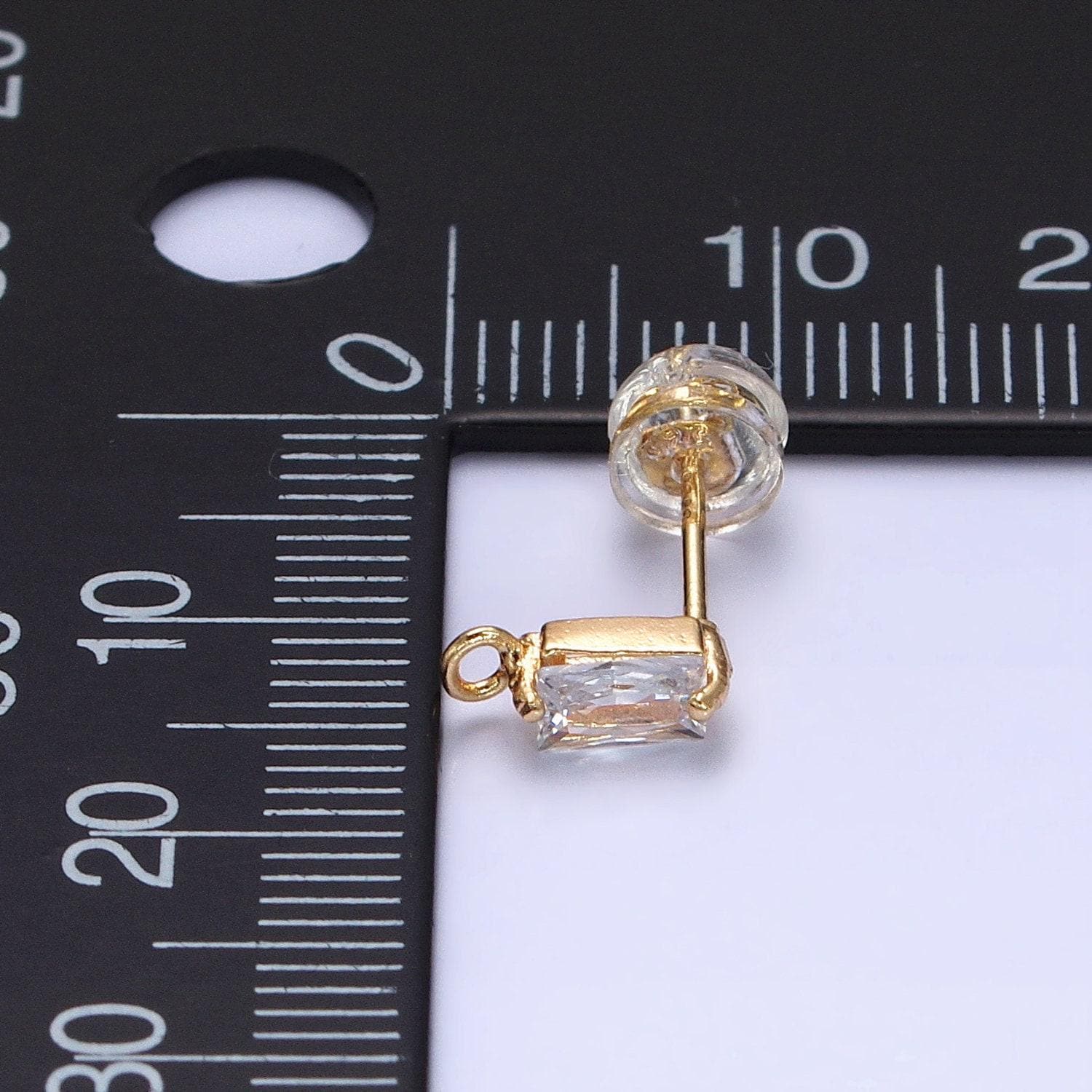Tiny emerald cut cz cubic earring post w/ open link, nickel free 9x3mm design 16k gold plated brass, cz, earring making post 1 pair z178