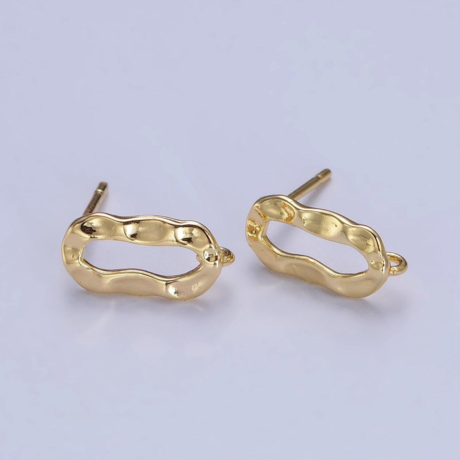 Gold hammered elongated paper clip link stud earrings with close link for charm for earring component jewelry making supply | z-084 z-085