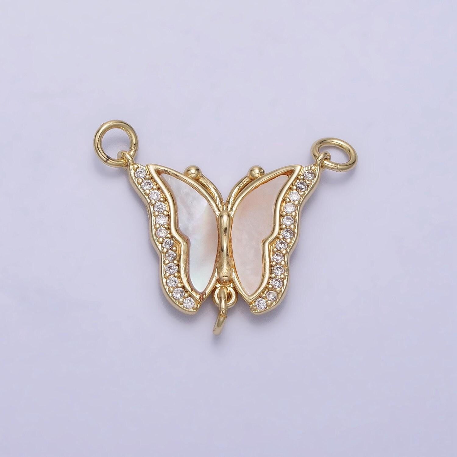 Dainty butterfly pendant pearl butterfly micro pave gold insect pendant, cubic zirconia monarch link connector necklace diy jewelry y-878