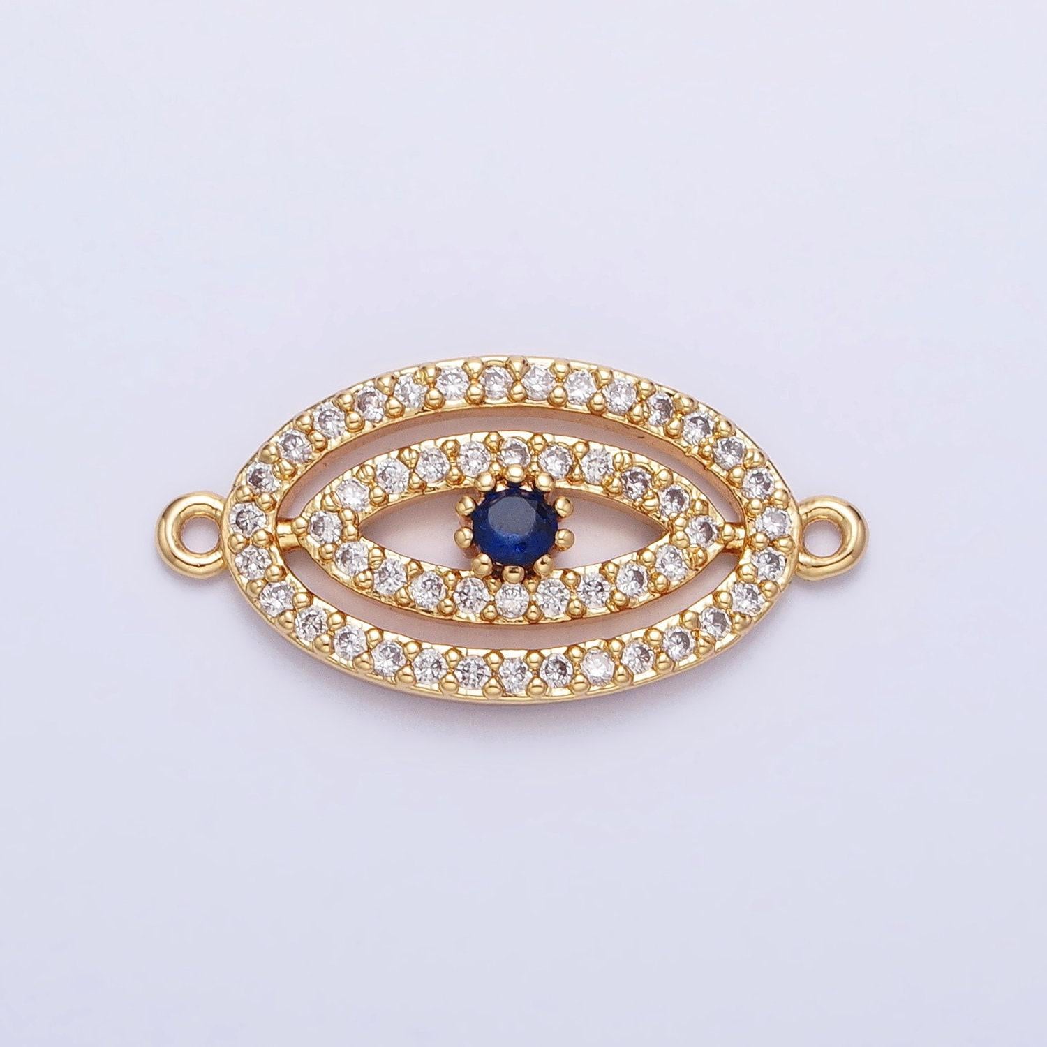 Gold plated, silver plated blue evil eye oval micro paved cz link connector | y-866