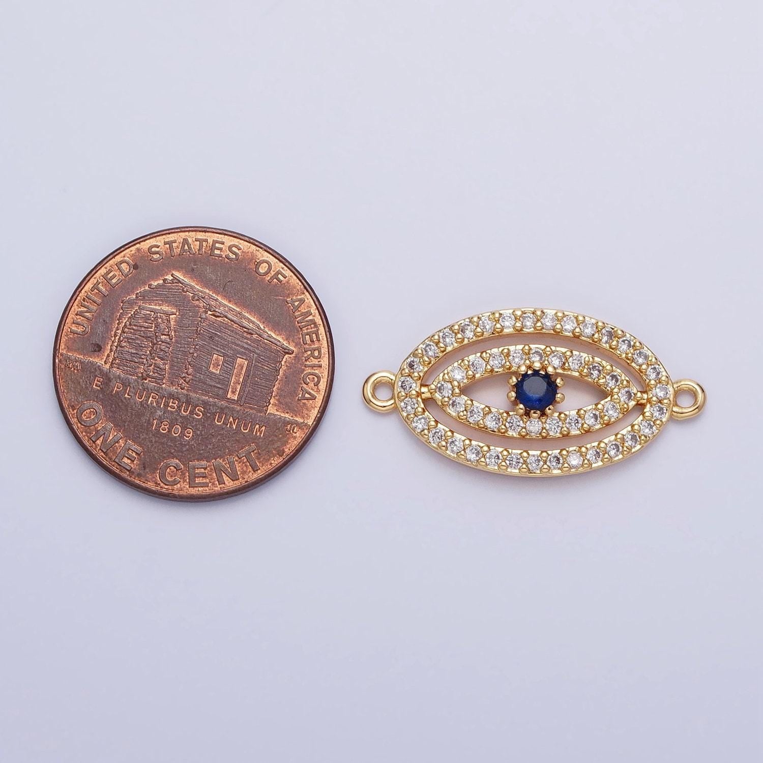 Gold plated, silver plated blue evil eye oval micro paved cz link connector | y-866
