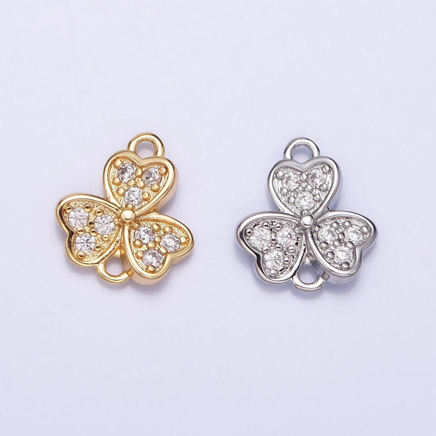 Mini gold plated three leaf clover charm connector for necklace bracelet earring link connector silver cz clover charm y-865
