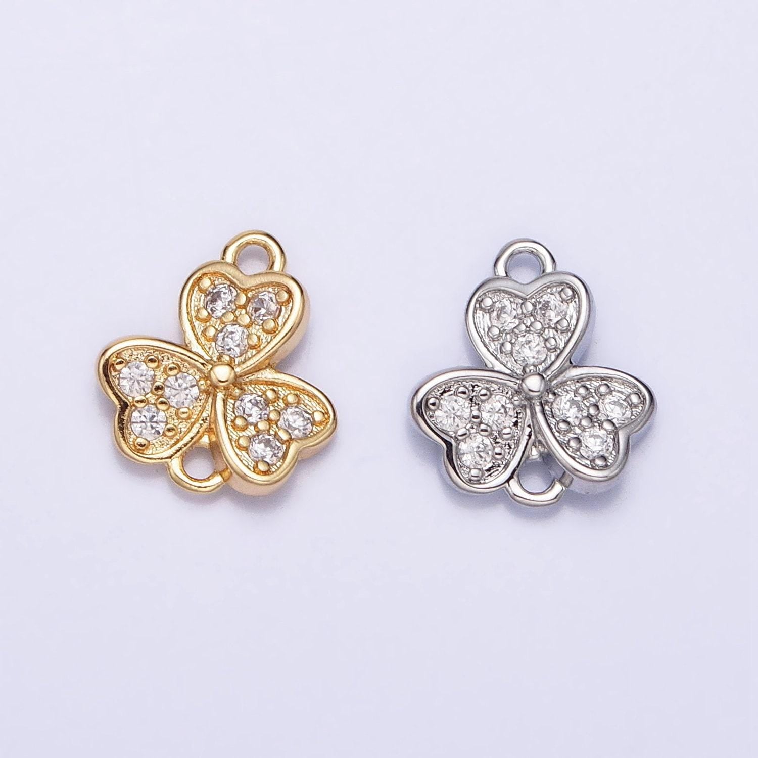 Mini gold plated three leaf clover charm connector for necklace bracelet earring link connector silver cz clover charm y-865