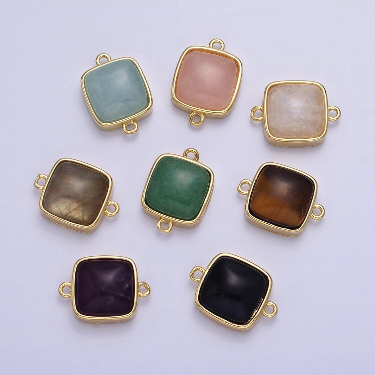 24k gold filled white moonstone, rose quartz, blue agate, tiger eye, amethyst, onyx square connector | y-834~y-837