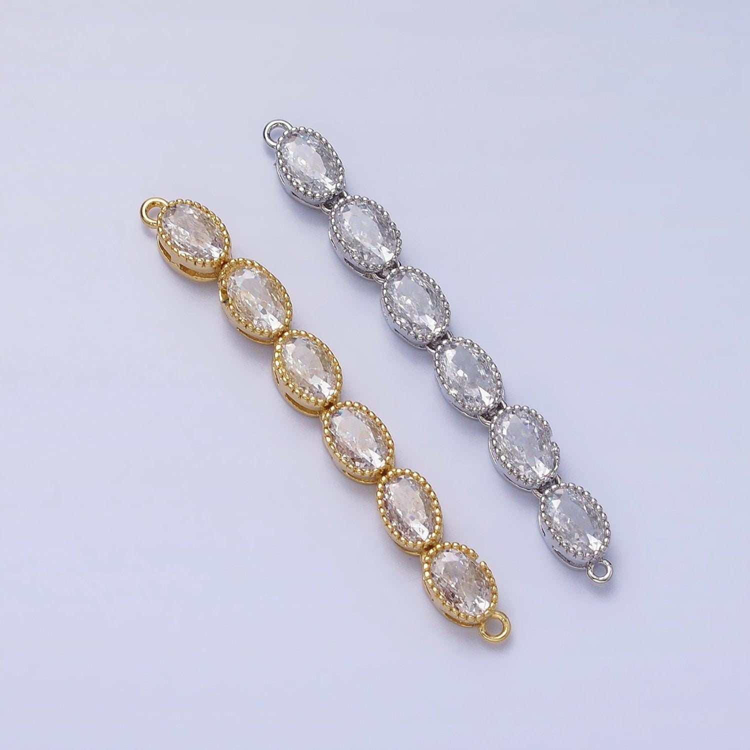 Bendable gold oval long bar connector, cz micro pave silver oval geometric link connector necklace jewelry making y-818